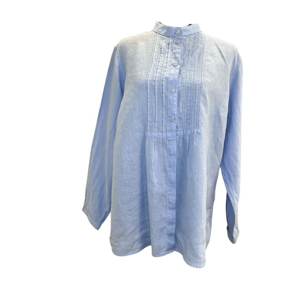 L.L. Bean Women 100% Linen Tuxedo Bib Band Collar Shirt Blouse Blue Size LP